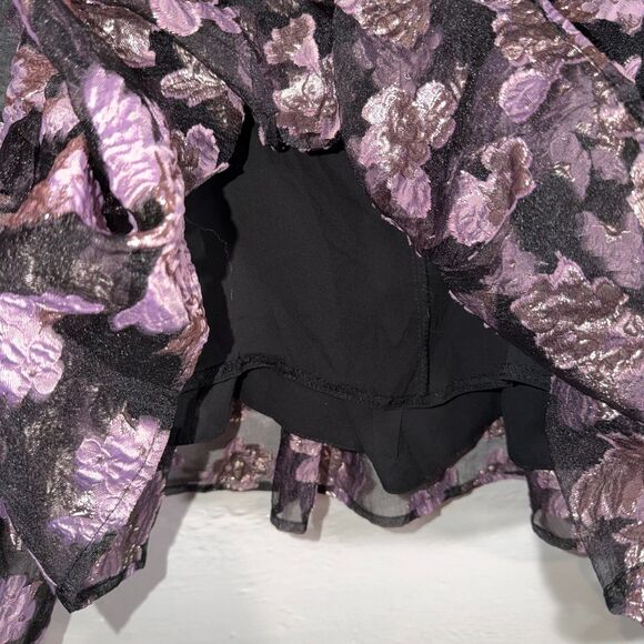 ASOS Black Metallic Purple Floral Organza Puff Sleeve Peplum Top Size 2 - Picture 3 of 9